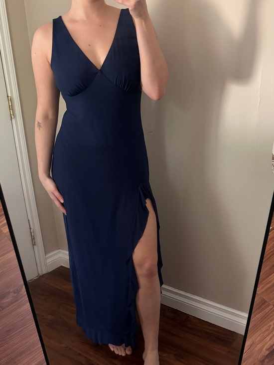 Dresses & Skirts - navy blue ruffle hem maxi dress with thigh slit